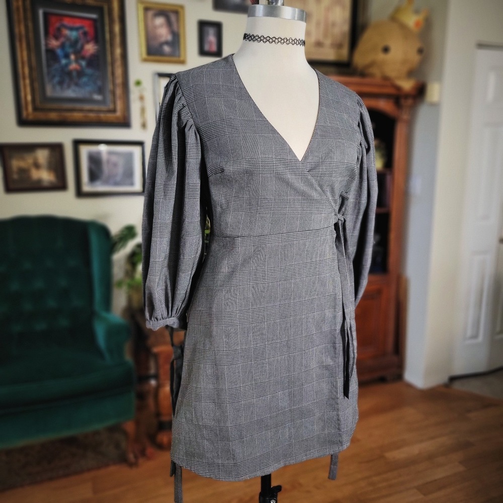United Colors of Benetton Dress Glen Plaid Wrap Mini Grey Puff Sleeve Womens S